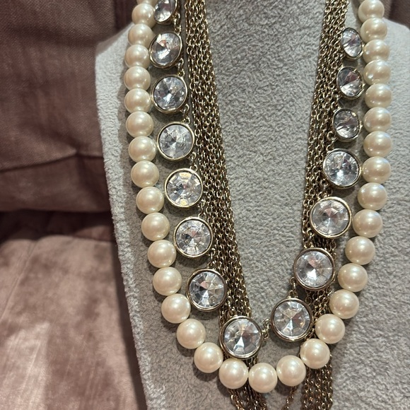 Jewelry - Cream and Gold Layered Pearl Vegan Leather Necklace Southwest Style 26”